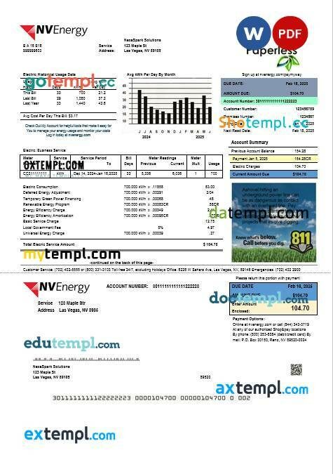 USA Nevada Waterloo North Hydro business utility bill template in Word and PDF formats