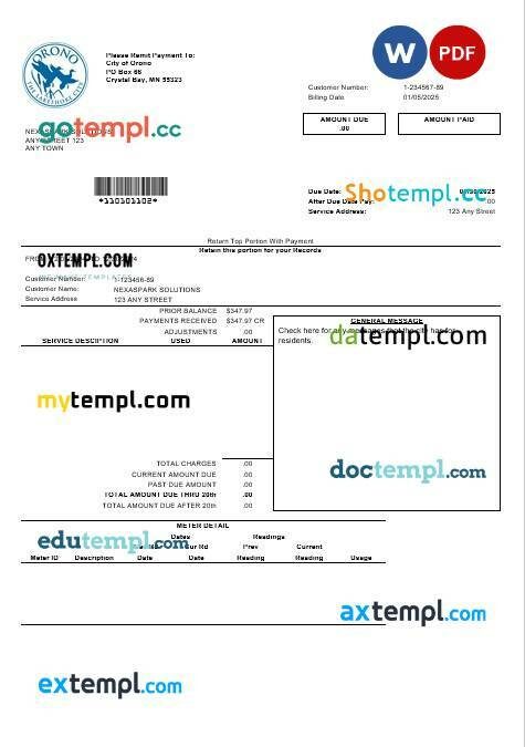 USA Nevada Orono The Lakehore City business utility bill template in Word and PDF formats