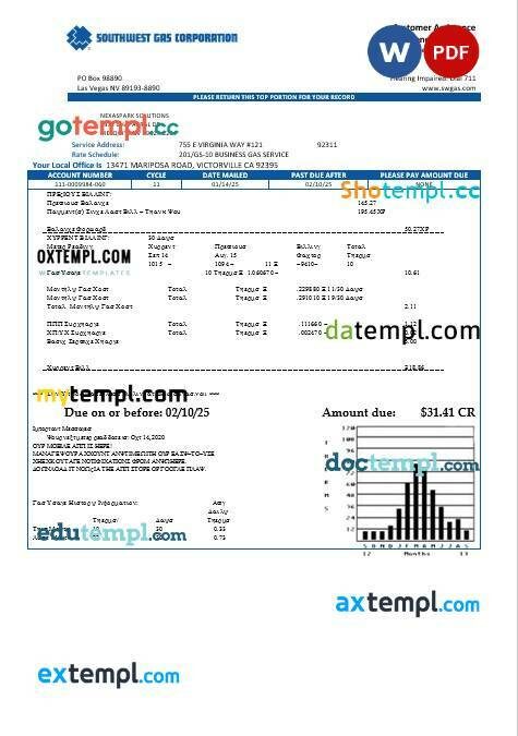 USA Nevada Southwest gas Corporation business utility bill template in Word and PDF formats