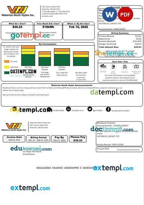 USA Nevada Waterloo North Hydro business utility bill template in Word and PDF formats