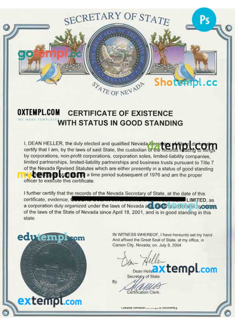 USA New York certificate of good standing PSD template for a business