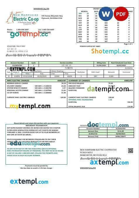 USA New Hampshire Electric Co-op electricity business utility bill template in Word and PDF formats