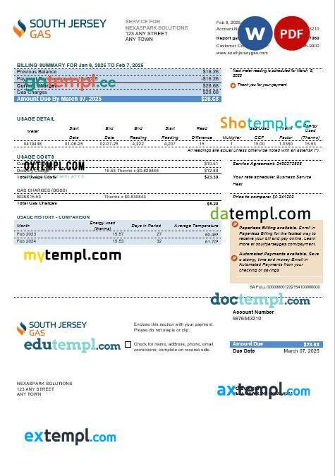 USA New Jersey South Jersey Gas business utility bill template in Word and PDF formats