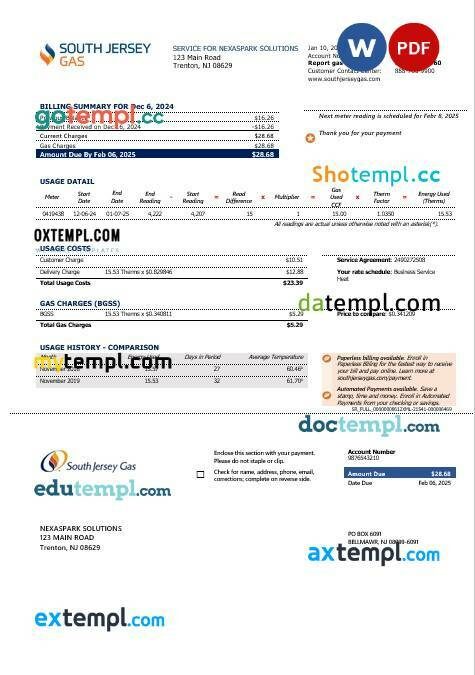 USA New Jersey gas business utility bill template in Word and PDF formats