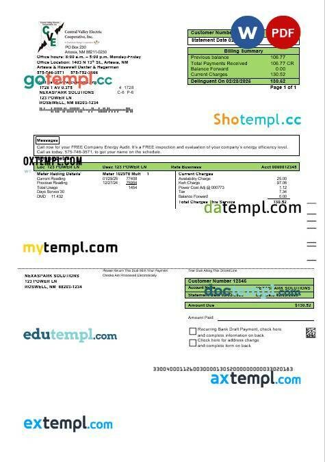 USA South Carolina SCE&G electricity business utility bill template in Word and PDF formats