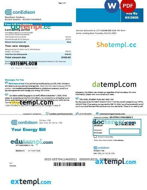 USA New York Conedison business utility bill Word and PDF template, version 2