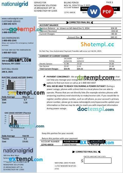 USA New York National Grid business utility bill template in Word and PDF formats