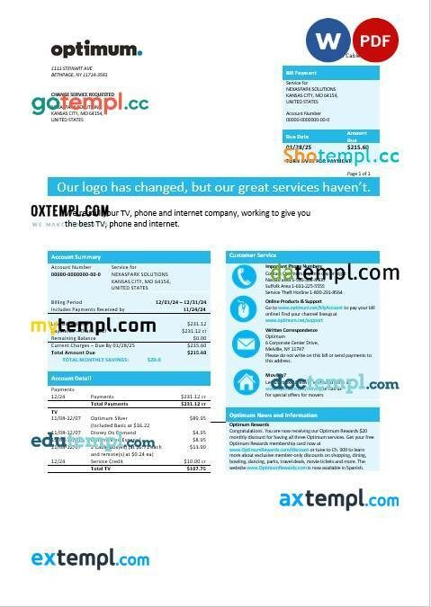 USA New York Optimum cablevision business utility bill template in Word and PDF formats