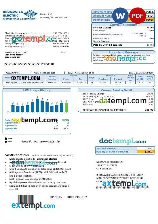 USA North Carolina Brunswick Electric business utility bill template in Word and PDF formats