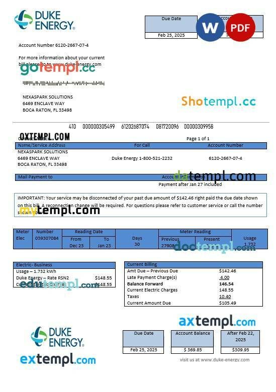 USA North Carolina Duke Energy business utility bill template in Word and PDF formats