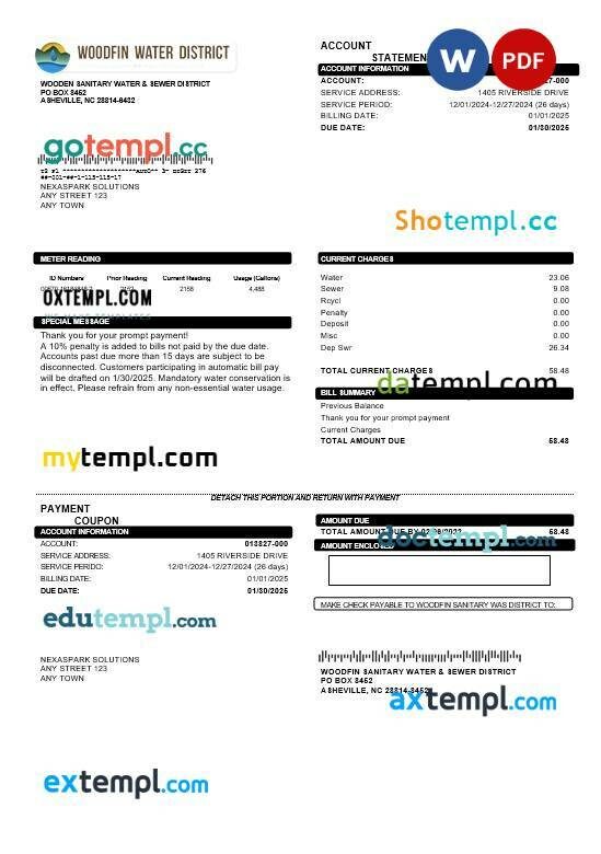 USA North Carolina Woodfin Sanitary Water & Sewer District business utility bill template in Word and PDF formats