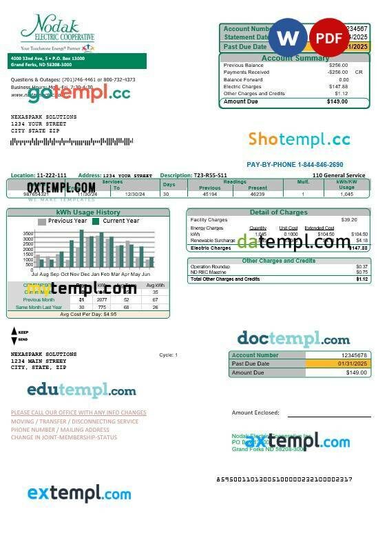 USA South Carolina SCE&G electricity business utility bill template in Word and PDF formats