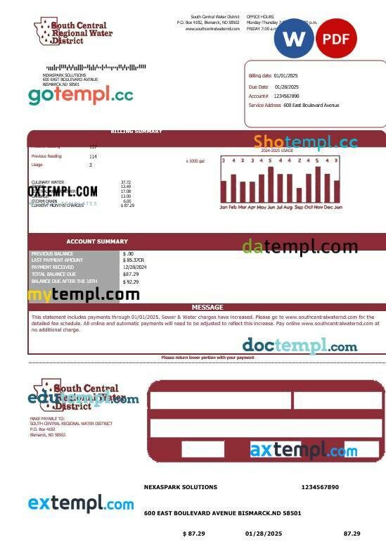 USA South Carolina SCE&G electricity business utility bill template in Word and PDF formats