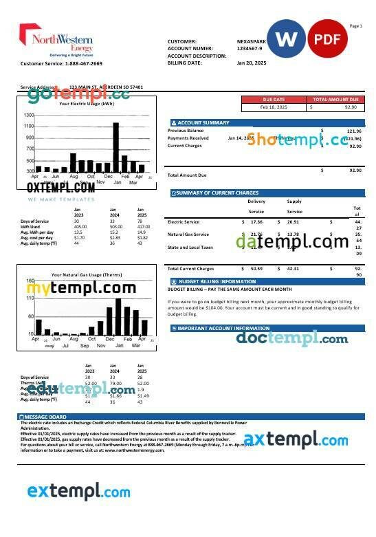 USA NorthWestern Energy business utility bill template in Word and PDF formats, version 1