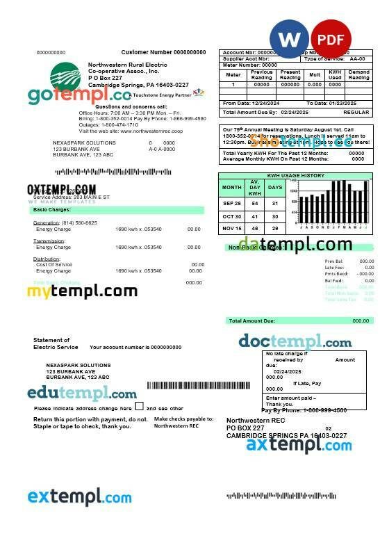 USA Northwestern Rural Electric business utility bill template, fully editable in Word and PDF formats