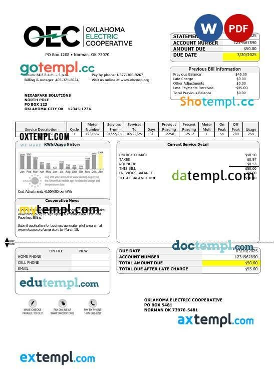 USA OEC electricity business utility bill template in Word and PDF formats