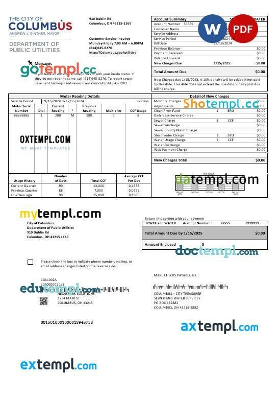 USA Ohio City of Columbus business utility bill template in Word and PDF formats