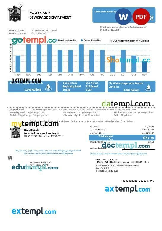 USA Ohio City of Detroit water business utility bill template in Word and PDF formats