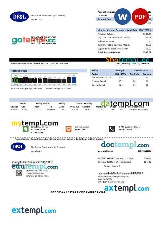 USA Ohio DP&L business utility bill template in Word and PDF formats