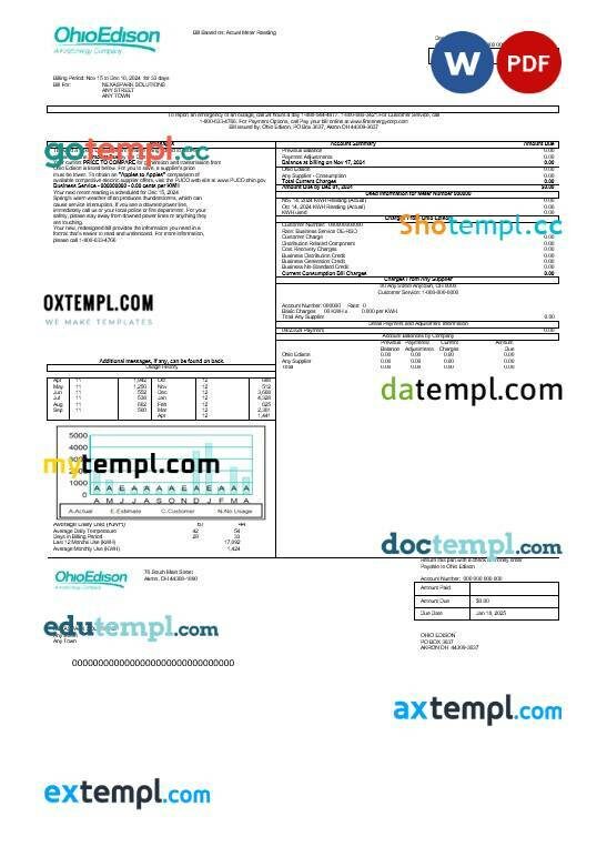 USA Ohio Vectren energy business utility bill template in Word and PDF formats