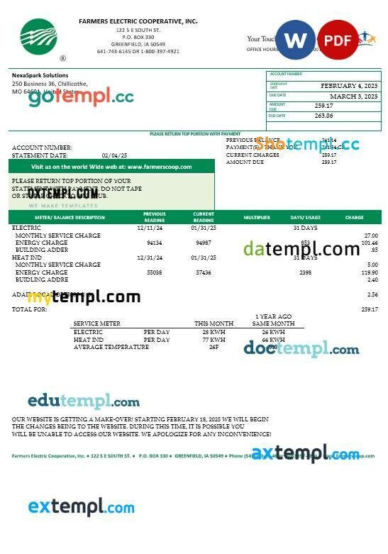 USA Minnesota East Central Energy business utility bill template in Word and PDF formats