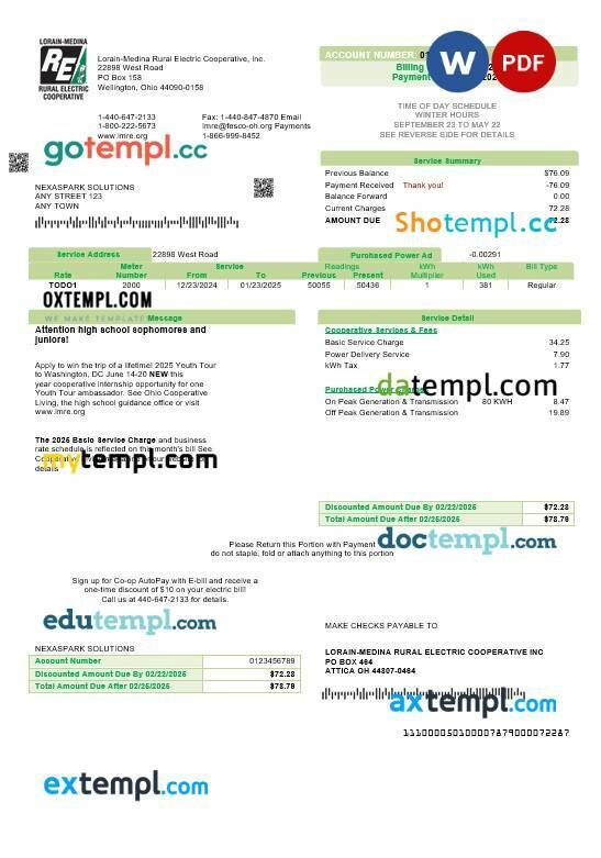 USA Ohio Lorain-Medina Rural Electric business utility bill template in Word and PDF formats