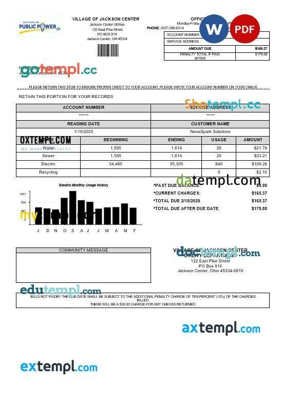 USA Pennsylvania Duquesne Light Company business utility bill template in Word and PDF formats