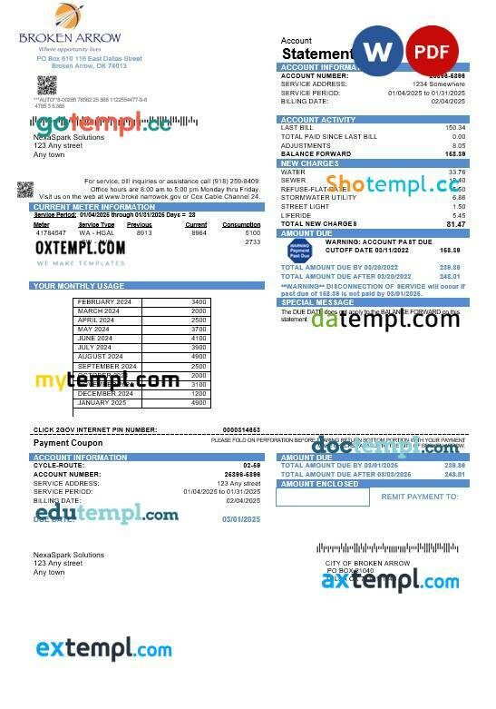 USA Oklahoma City of Broken Arrow business utility bill template in Word and PDF formats