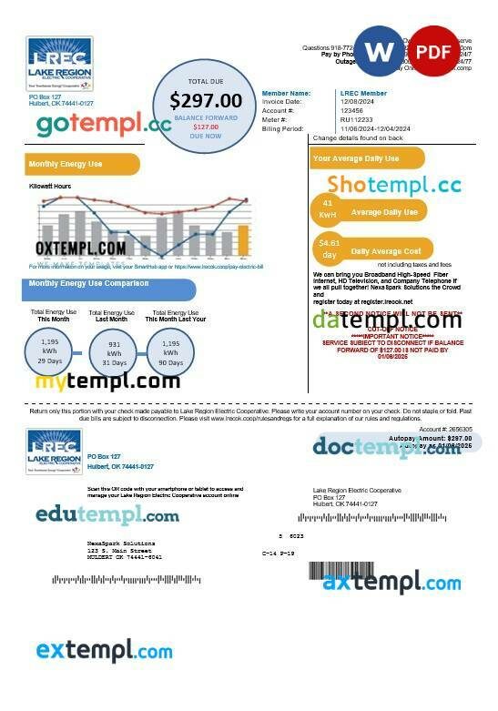 USA Oklahoma LREC Lake Region business utility bill template in Word and PDF formats