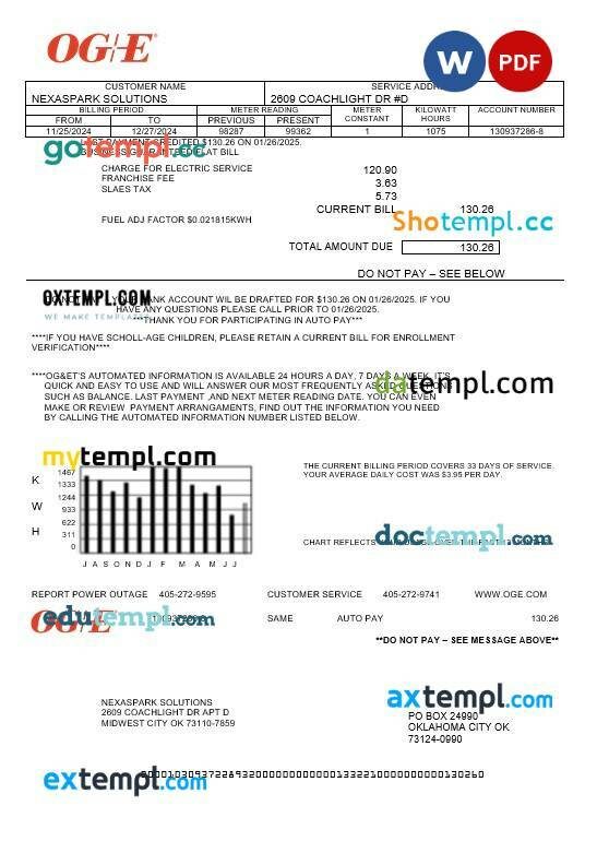 USA Oklahoma OGE energy business utility bill template in Word and PDF formats