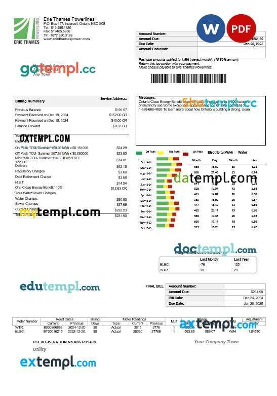 USA Ontario Erie Thames business utility bill template in Word and PDF formats