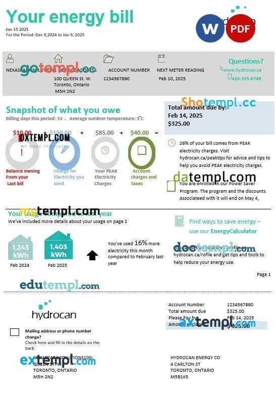 USA Ontario Hydrocan electricity businesss utility bill template in Word and PDF formats