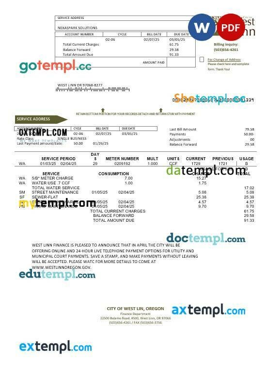 USA Pennsylvania Duquesne Light Company business utility bill template in Word and PDF formats