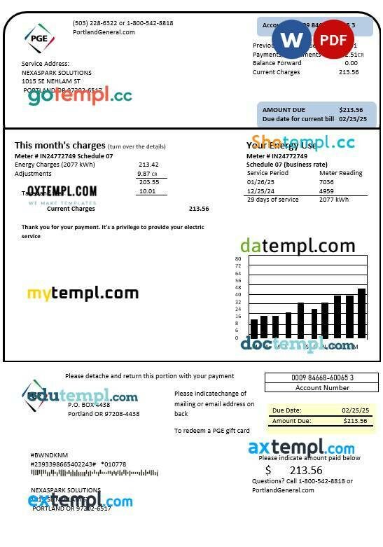 USA Oregon PGE electricity business utility bill template in Word and PDF formats