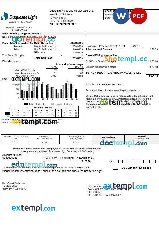 USA Pennsylvania Duquesne Light Company business utility bill template in Word and PDF formats