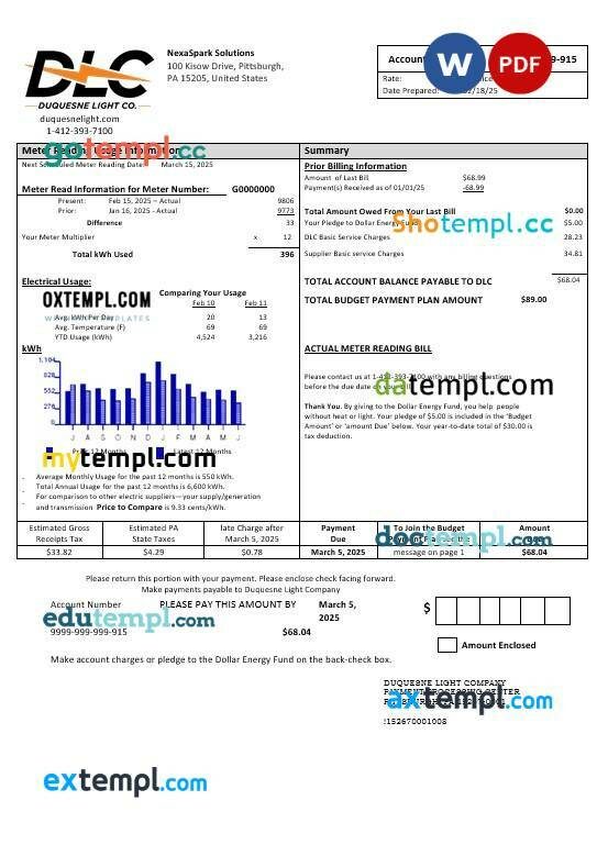 USA Pennsylvania Duquesne light business utility bill template in Word and PDF formats