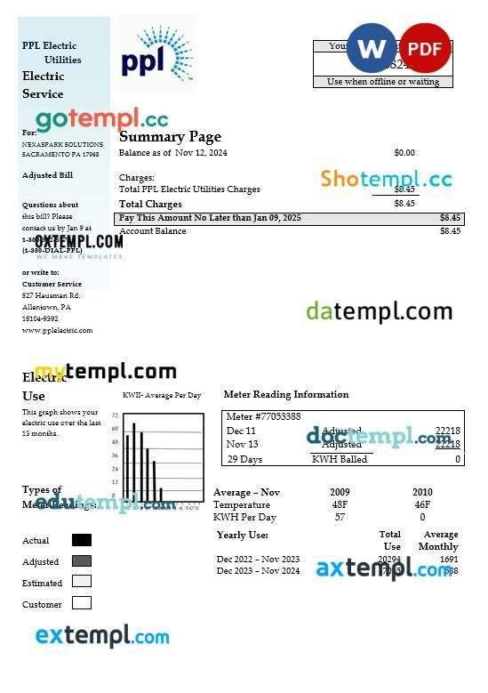 USA Pennsylvania PPL Electric business utility bill template in Word and PDF formats