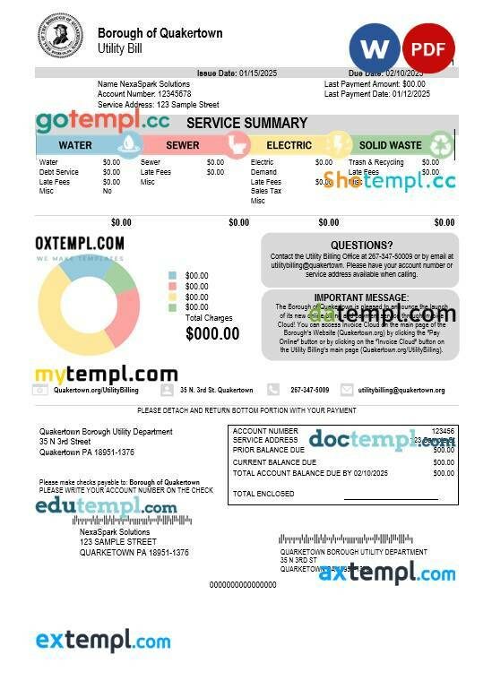 USA Pennsylvania Quakertown Borough business utility bill template in Word and PDF formats