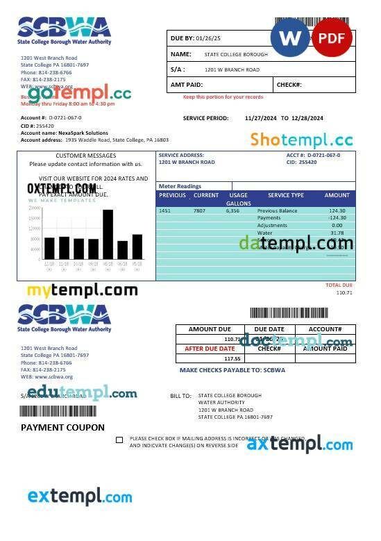 USA Pennsylvania SCBWA water business utility bill template in Word and PDF formats