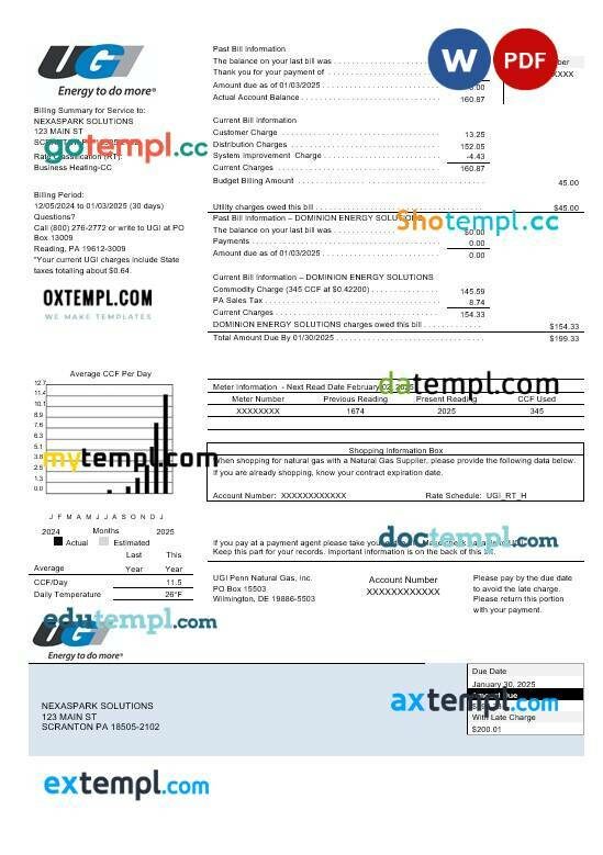 USA Pennsylvania UGI Utilities business utility bill template in Word and PDF formats