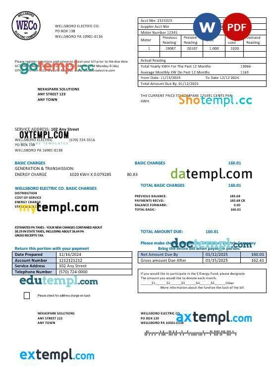 USA Pennsylvania Wellsboro Electric business utility bill template in Word and PDF formats