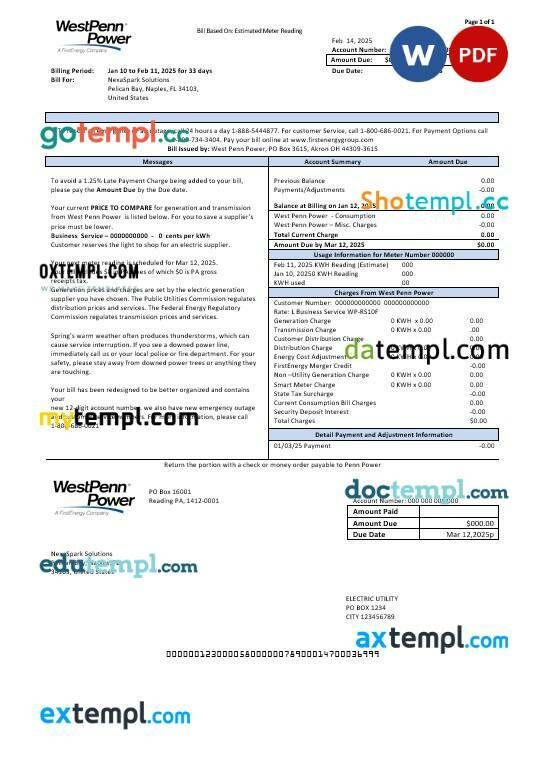 USA Pennsylvania West Penn Power business utility bill template in Word and PDF formats