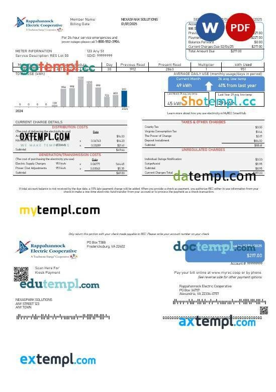 USA Rappahannock Electric Cooperative business utility bill template in Word and PDF formats