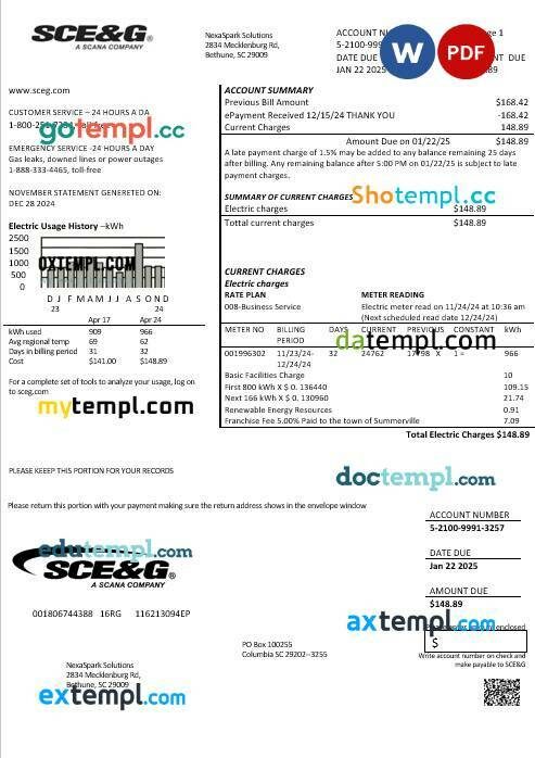 USA South Carolina SCE&G electricity business utility bill template in Word and PDF formats