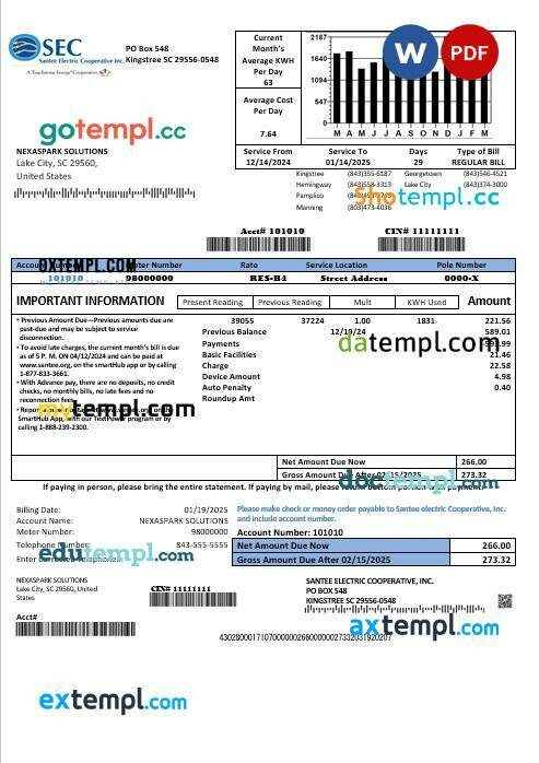 USA NorthWestern Energy business utility bill template in Word and PDF formats, version 1