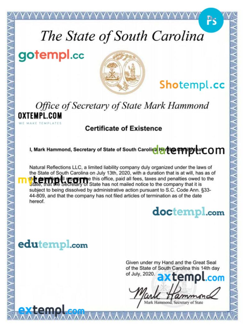 USA South Carolina certificate of good standing PSD template for a corporation