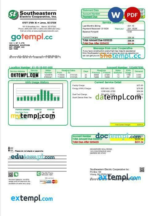 USA South Dakota Southeastern Electric business utility bill template in Word and PDF formats