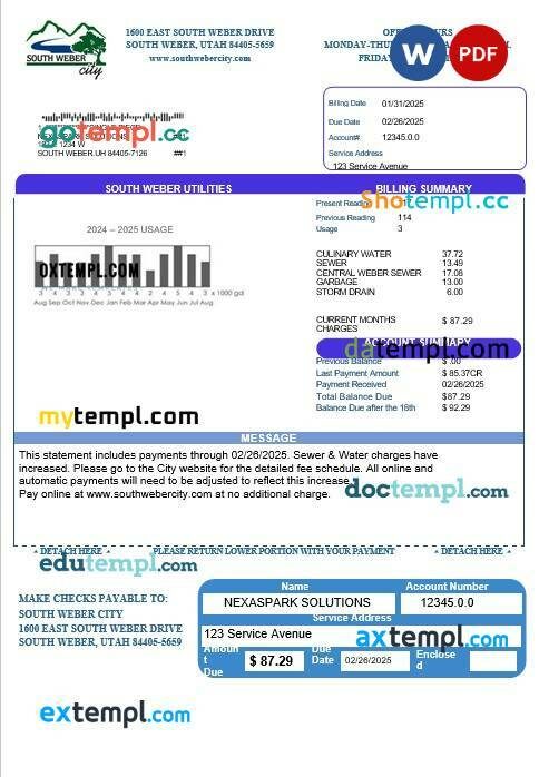 USA South Weber City Utah water business utility bill template in Word and PDF formats