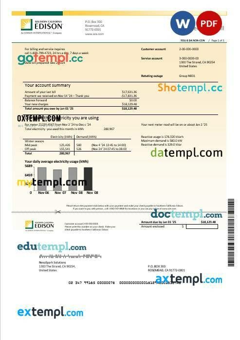 USA Ohio Vectren energy business utility bill template in Word and PDF formats