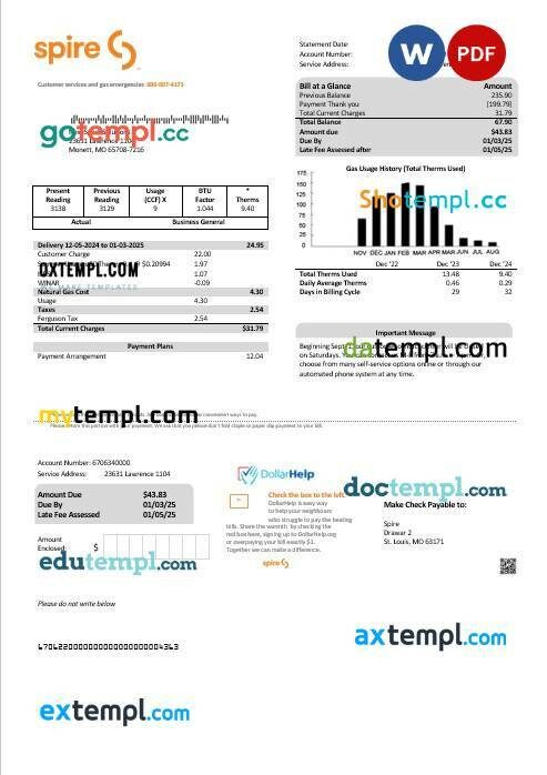 USA Spire gas business utility bill template in Word and PDF formats